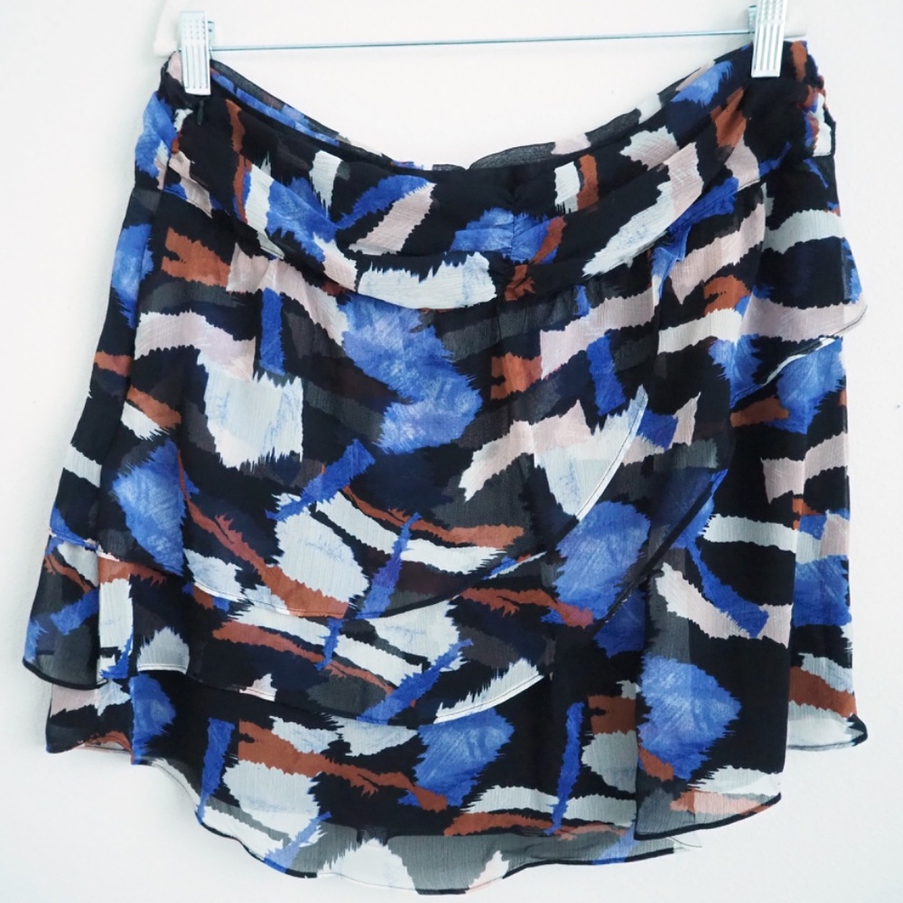 Nine West Blue Black Camel Abstract Ruffle Mini Skirt Women Size XL Flowy Layer - Picture 6 of 6